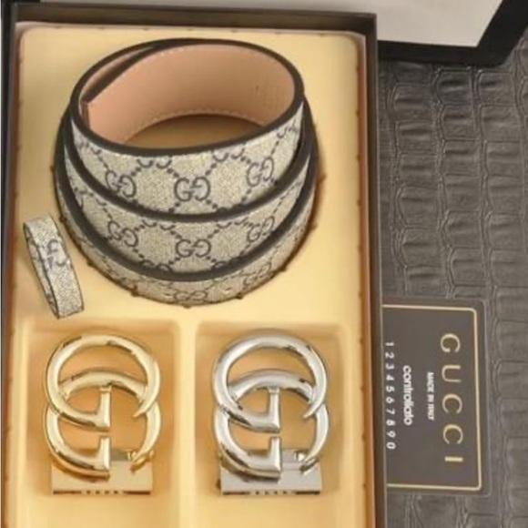 NWT Unisex Monogram Gucci Silver and Gold Belt Set - Picture 1 of 2